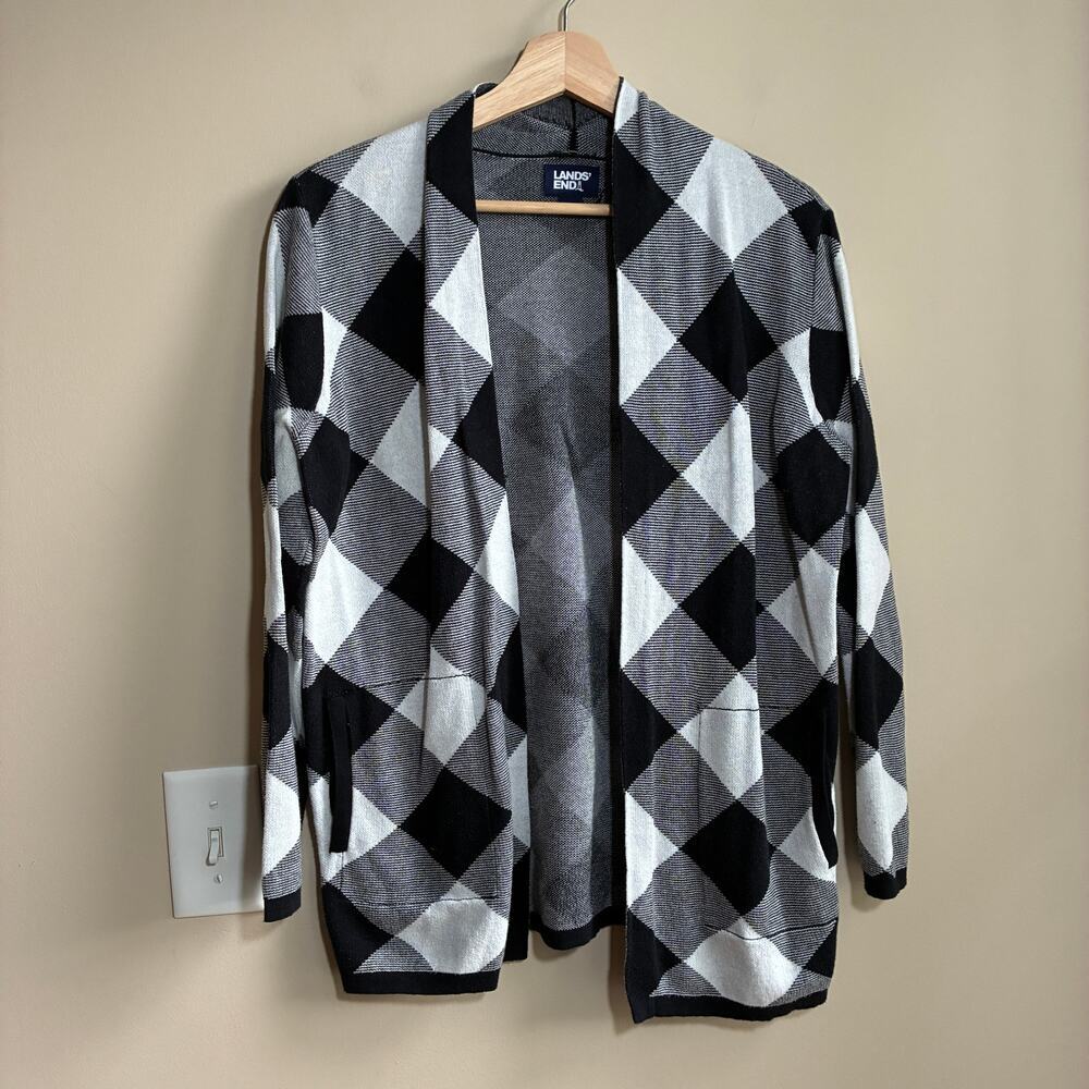 Lands' End black white checkered knit cardigan sweater pockets women's M cotton